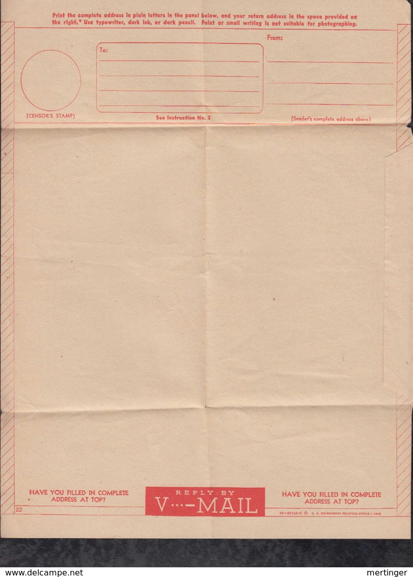 USA 1945 Airmail V-Mail Envelope Unused - Briefe U. Dokumente