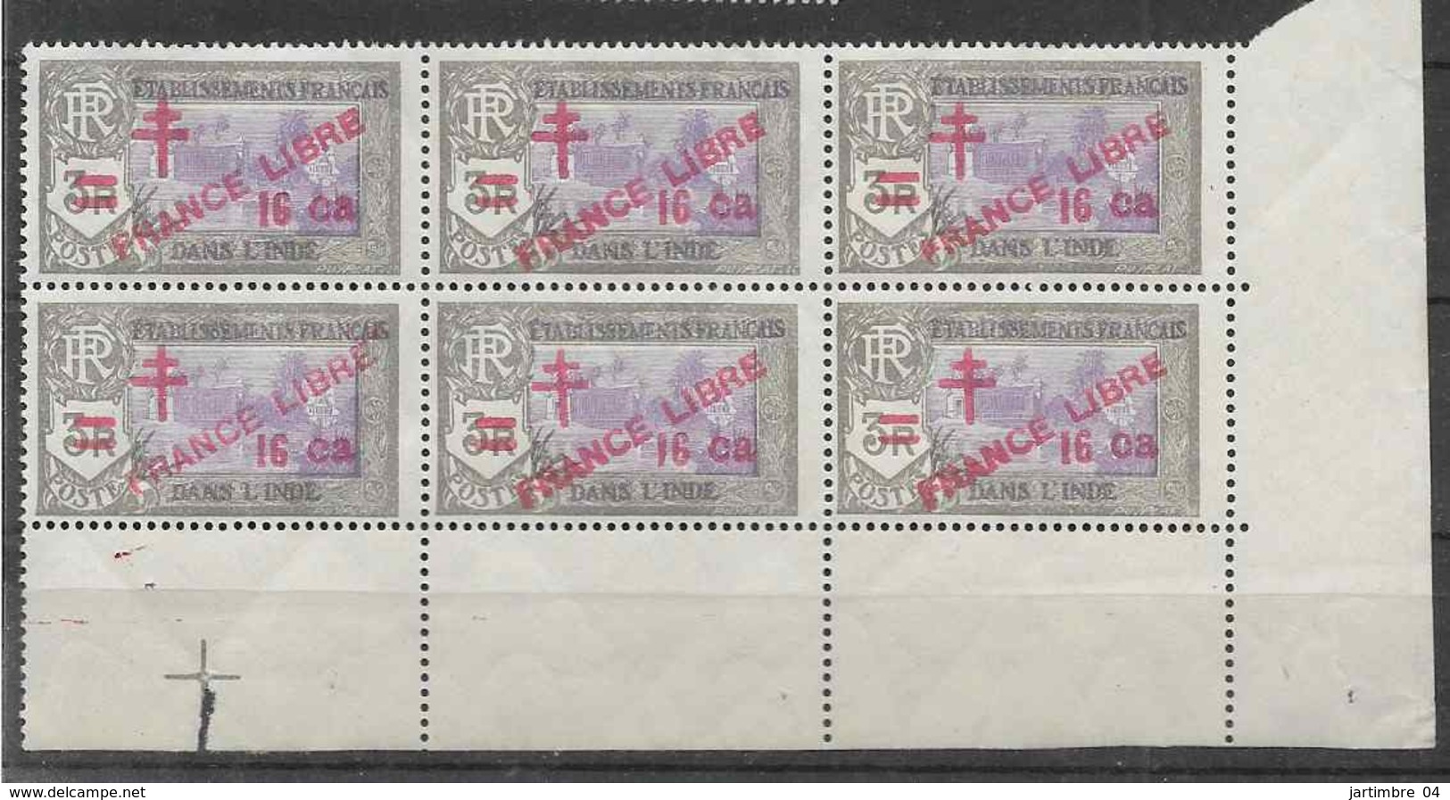 1943 INDE FRANCAISE 209** France Libre , Surchargé, Bloc De 6, Bord De Feuille - Unused Stamps