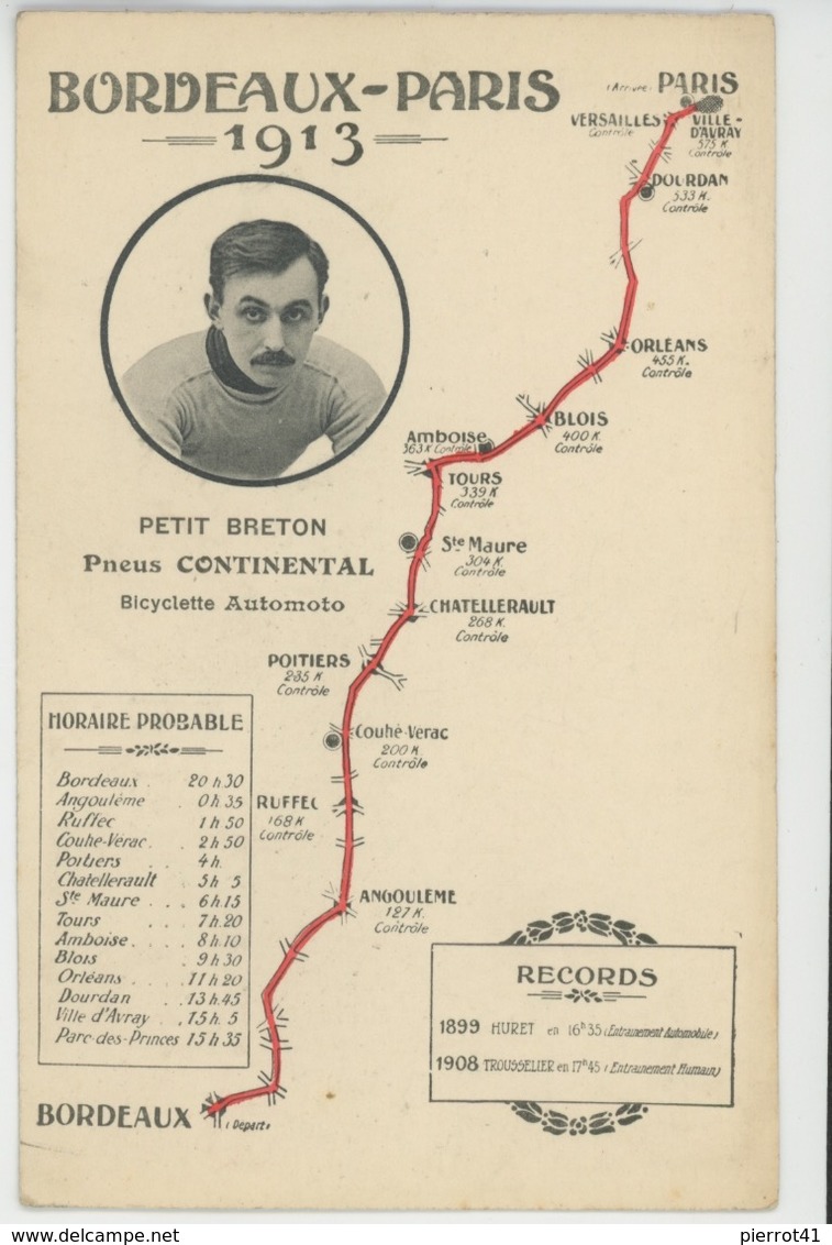 SPORT - CYCLISME - Tracé De La Course PARIS - BORDEAUX 1913 Avec Portrait De PETIT BRETON , Pneus Continental - Cyclisme