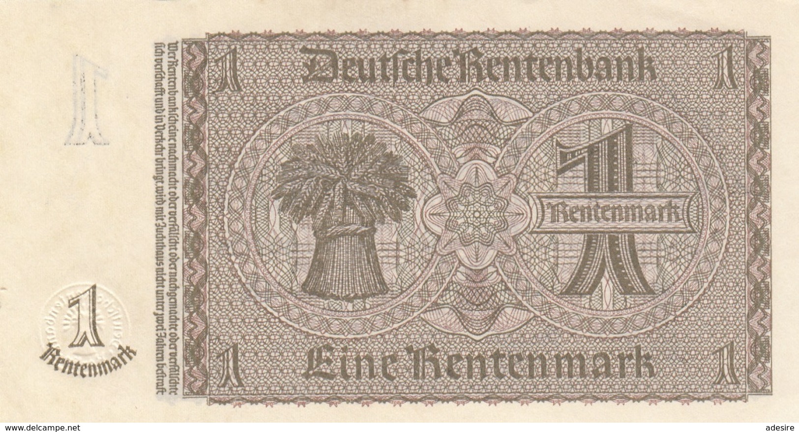 1 RENTENMARK 1937 DEUTSCHE RENTENBANK Banknote Sehr Gute Erhaltung - Altri & Non Classificati