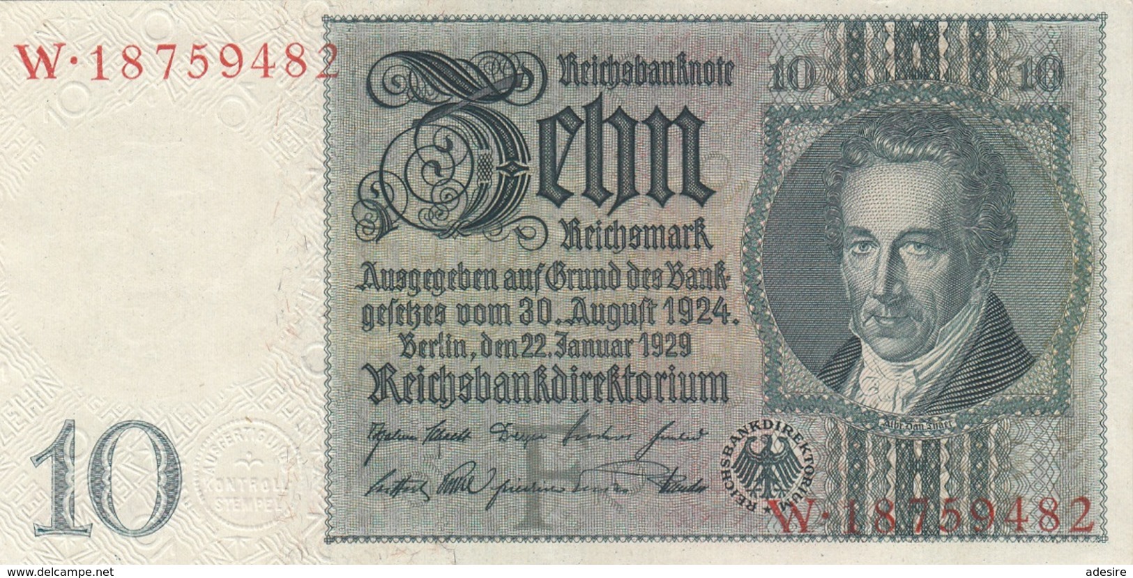 10 REICHSMARK 1929 DEUTSCHE REICHSBANK Banknote Sehr Gute Erhaltung - 10 Mark
