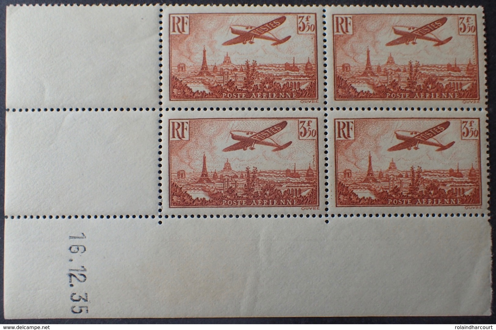 R1615/891 - 1935 - POSTE AERIENNE - AVION SURVOLANT PARIS - N°13 BLOC NEUF* LUXE (adhérences) CdF + CD - Cote : 625,00 € - Airmail