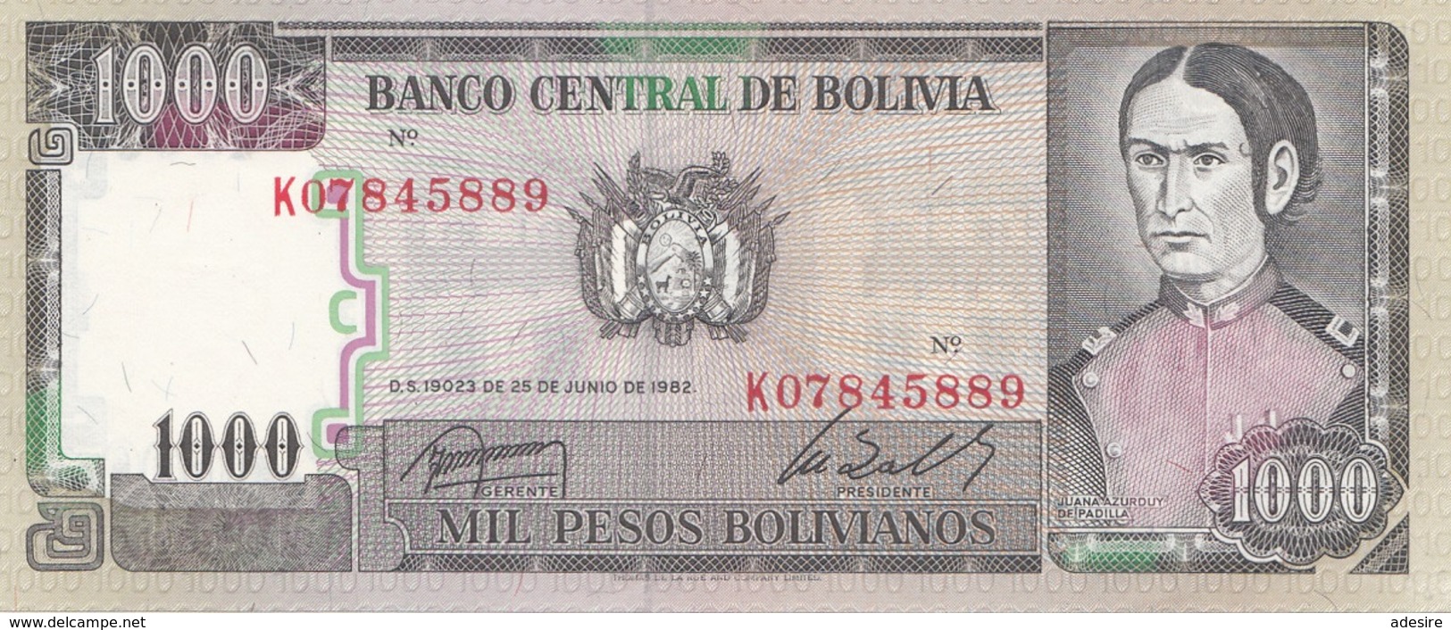 1000 PESOS 1982 BOLIVIA Banknote Sehr Gute Erhaltung - Bolivië