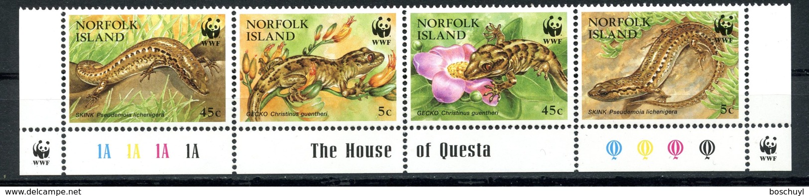 Norfolk Island, 1996, Reptiles, Skunk, Gecko, WWF, Animals, Fauna, MNH Strip, Michel 604-607 - Ile Norfolk