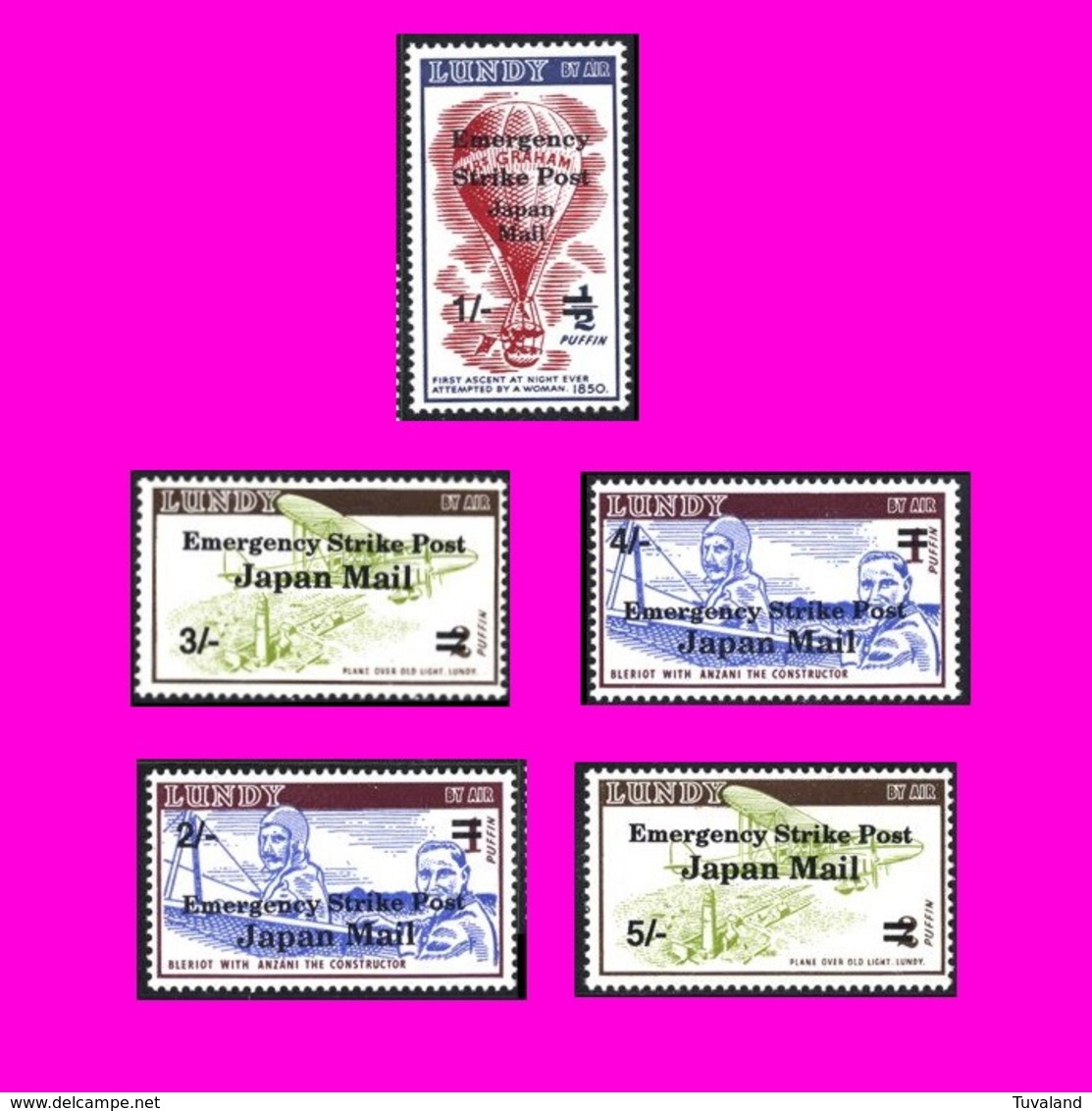 Emergency Strike Mail 1971 Opt On Lundy Bleriot Lighthouse Japan Mail Shillings + Decimals Black + Red And Black Opt - Aerei