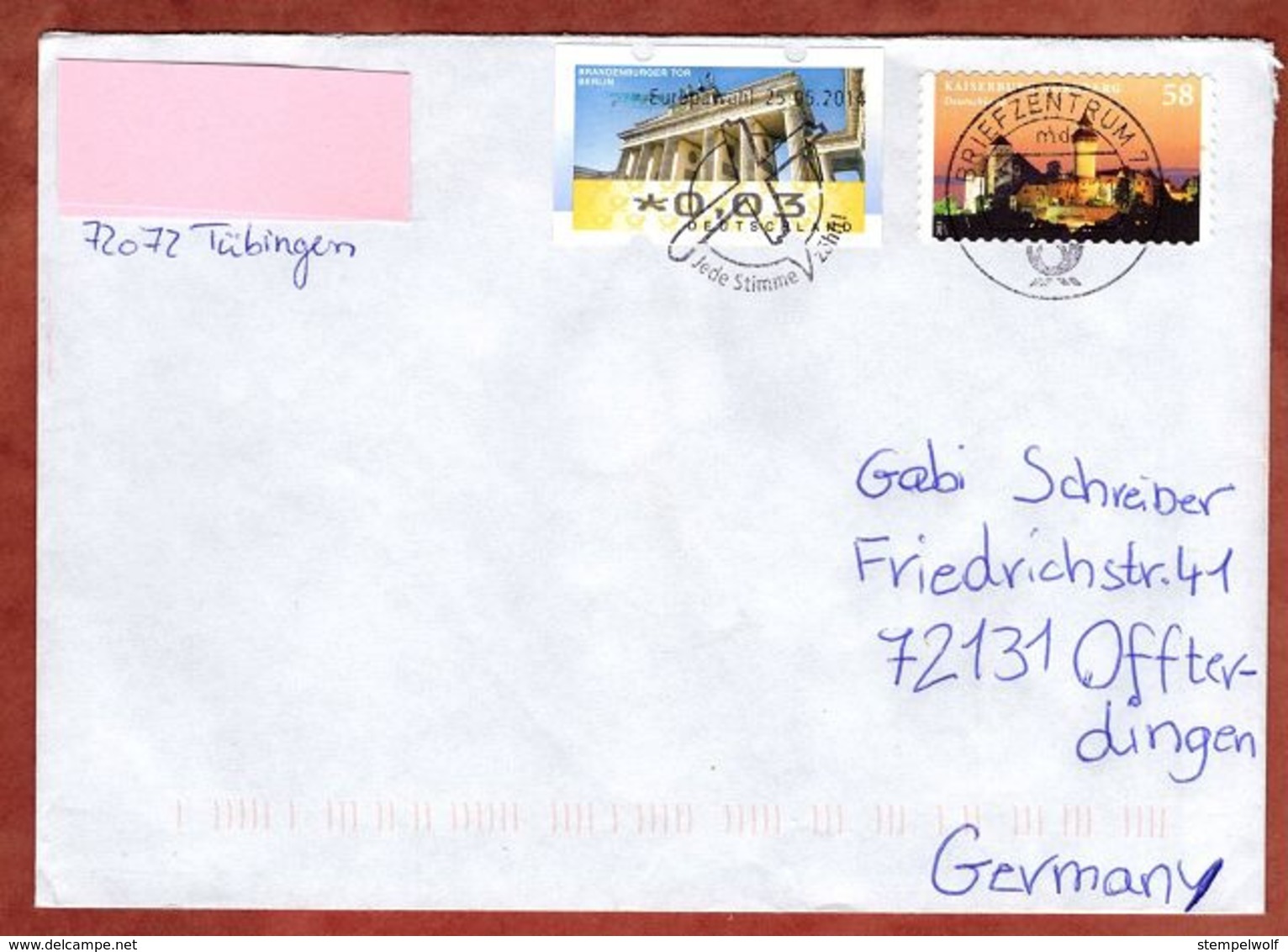 Brief, Brandenburger Tor Berlin U.a., MS Europawahl Briefzentrum 72, Tuebingen Nach Ofterdingen 2014 (78502) - Timbres De Distributeurs [ATM]