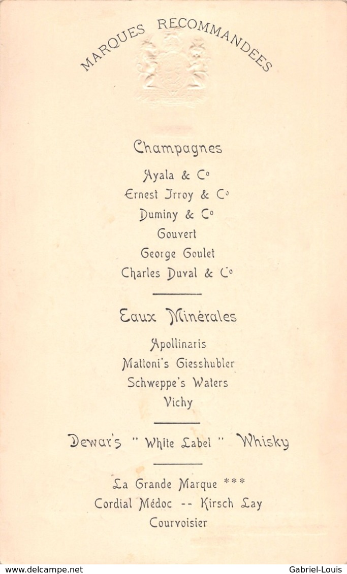 The Continental Hotel Ostende - Belgique  - Menu Du 10.07.1910 (19 X 12 Cm) . Conseil De Champagnes Et Eaux - Gaufrée - Menus