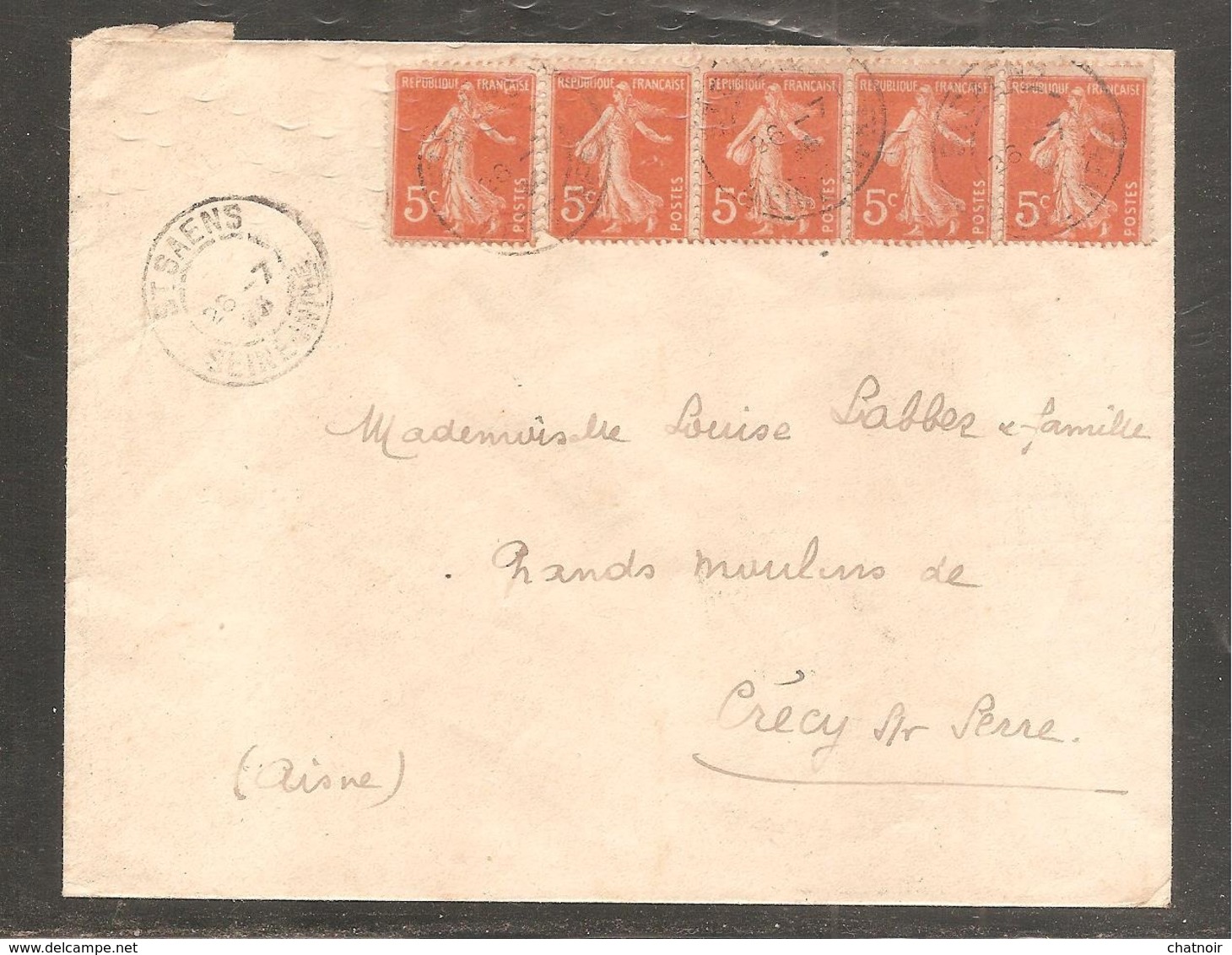 Enveloppe  Oblit   ST SAENS  Seine  Inferieur  /  5c  Semeuse  X 5    1923 - 1906-38 Säerin, Untergrund Glatt