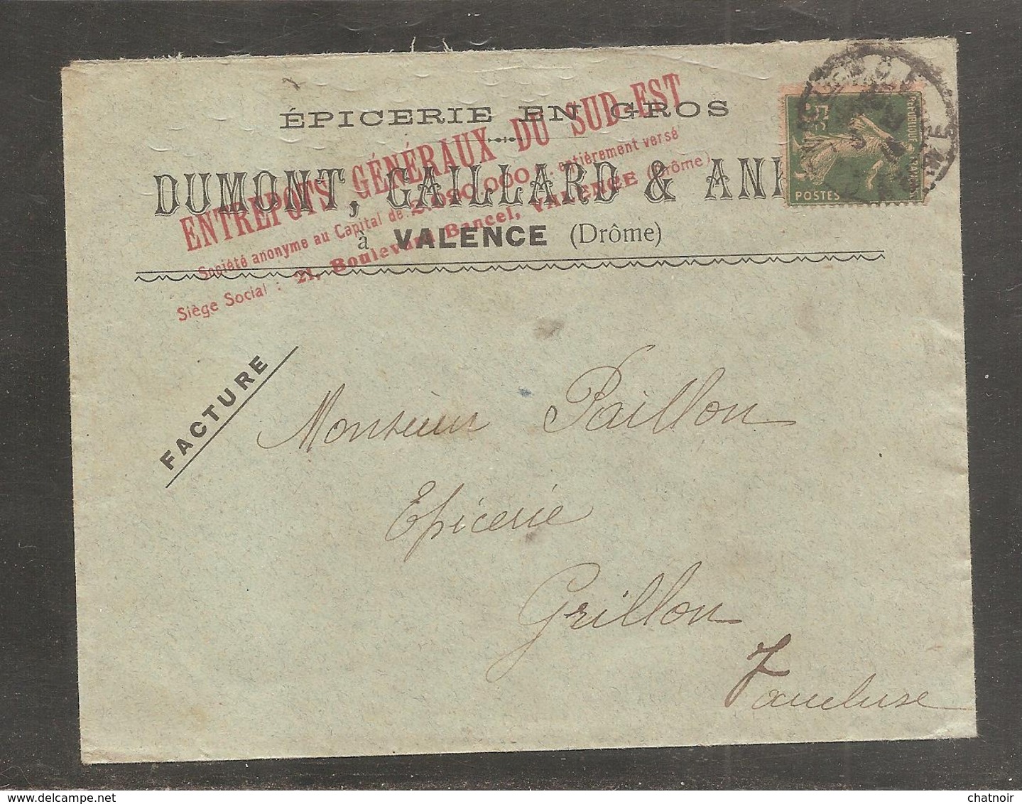 Enveloppe  Pub    Epicerie   VALENCE   Drome   5c  Semeuse   1919 - 1906-38 Semeuse Con Cameo