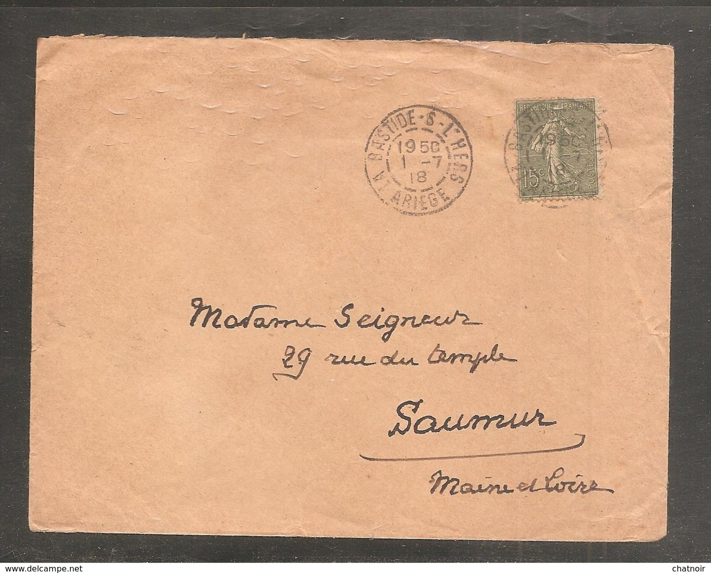 Enveloppe Oblit  LA  BASTIDE S  L HERS   Ariege   /  15c Semeuse  1918 - Otros & Sin Clasificación