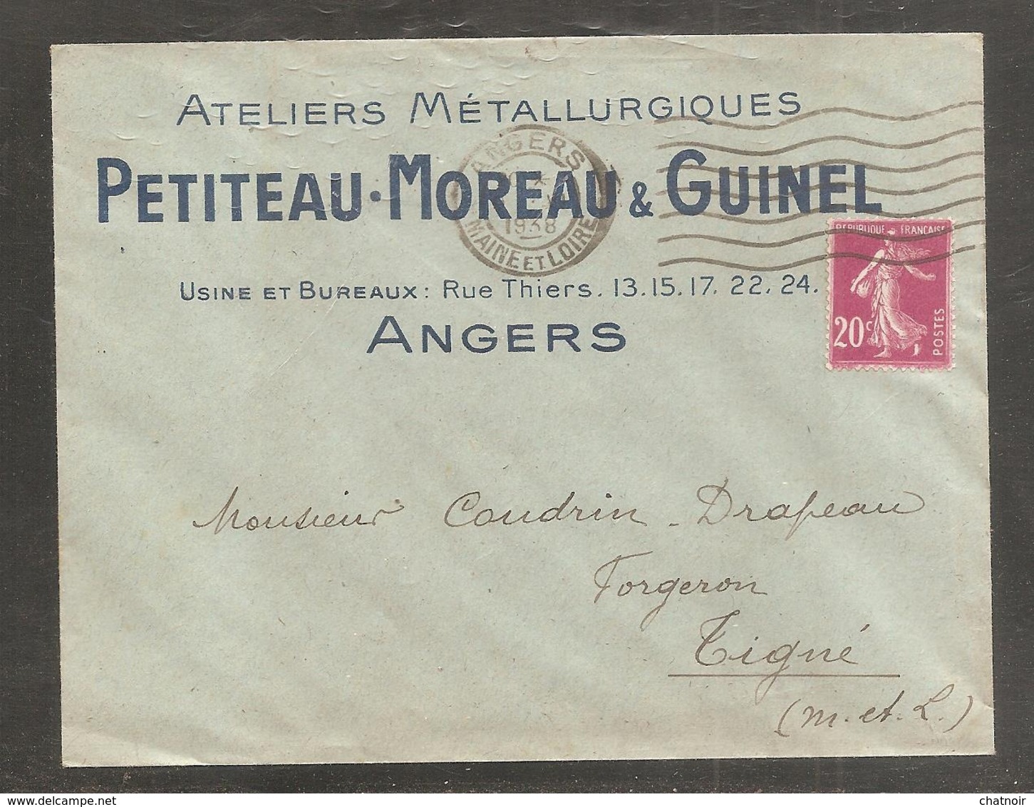 Enveloppe  Pub  Ateliers Metallurgiques   ANGERS  / 20c Semeuse     1938 - 1906-38 Semeuse Camée
