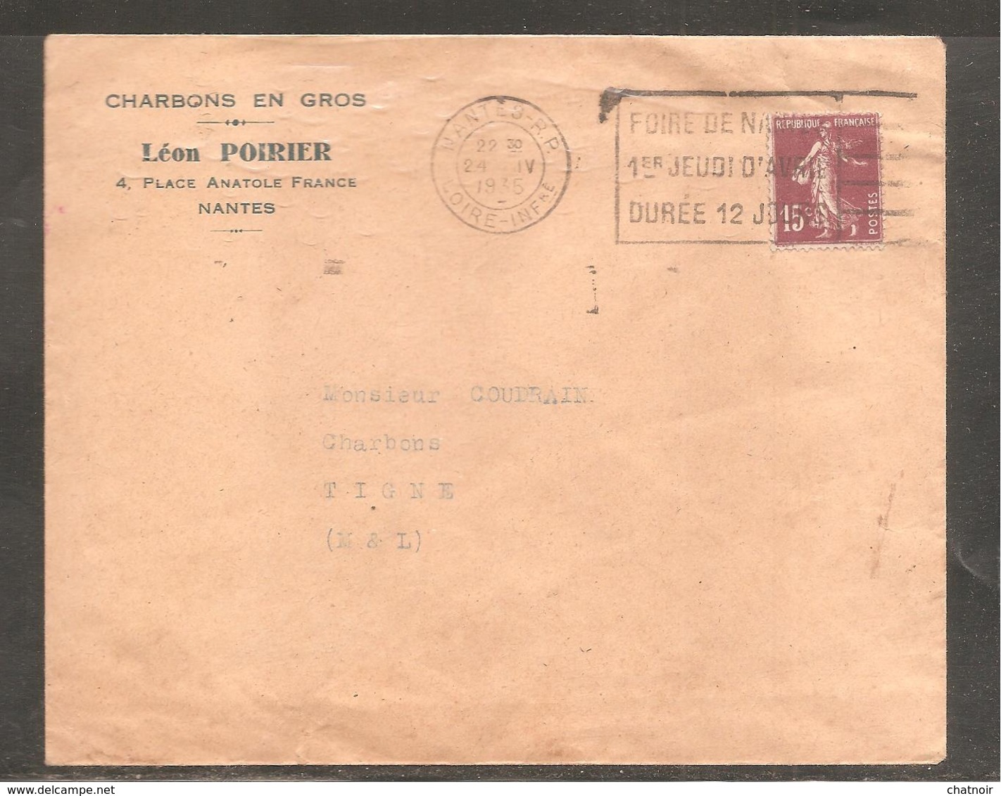 Enveloppe  Pub  Charbons  NANTES  "  Foire De Nantes"   15c Semeuse    1935 - 1906-38 Sower - Cameo