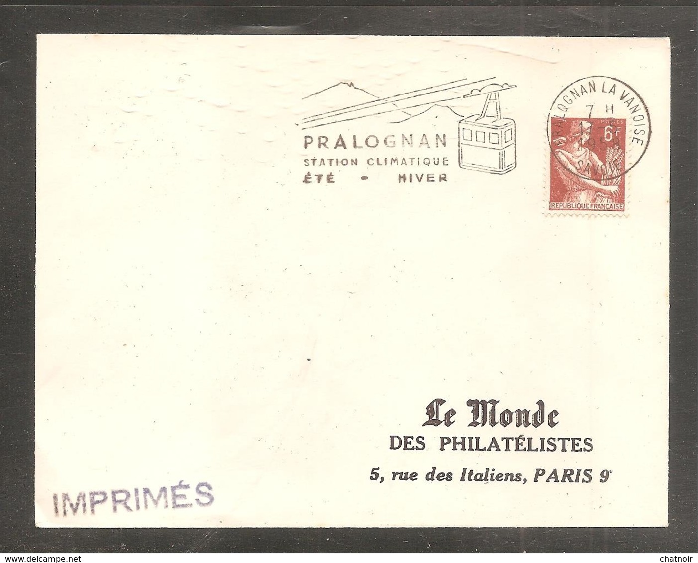 Enveloppe  PRALOGNAN LA VANOISE  1958  /flamme "telepherique"  6f  Moissonneuse - Covers & Documents