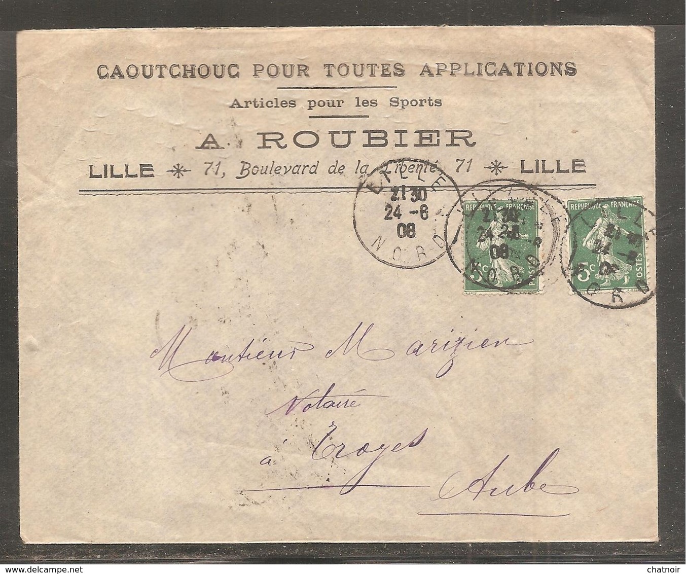 Enveloppe   Pub  Caoutchouc   LILLE   Nord  1908    5C Semeuse X 2 - 1906-38 Semeuse Camée