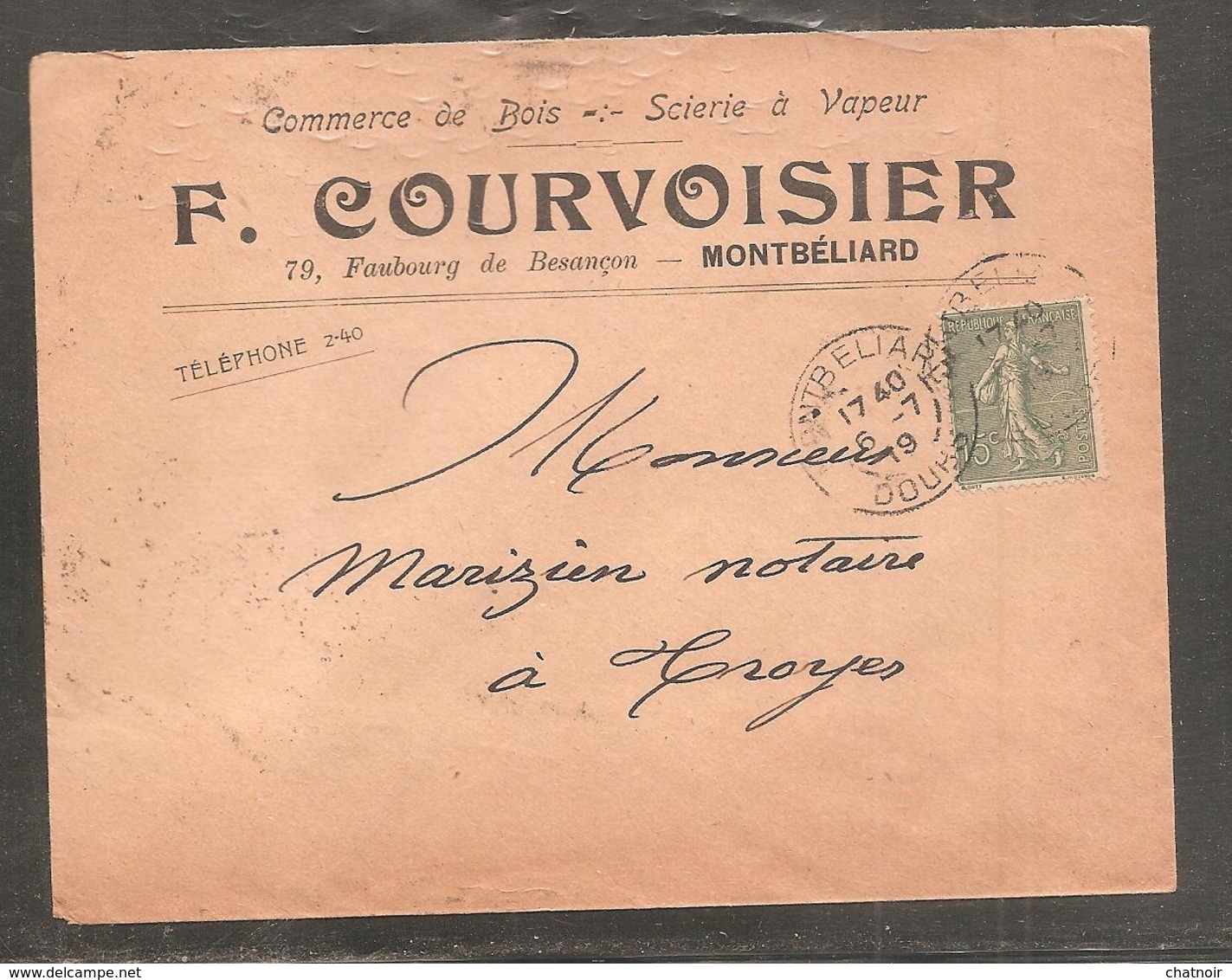 Enveloppe   Pub   Commerce De Bois   MONTBELIARD   Doubs   / 15c  Semeuse   1919 - 1903-60 Semeuse A Righe