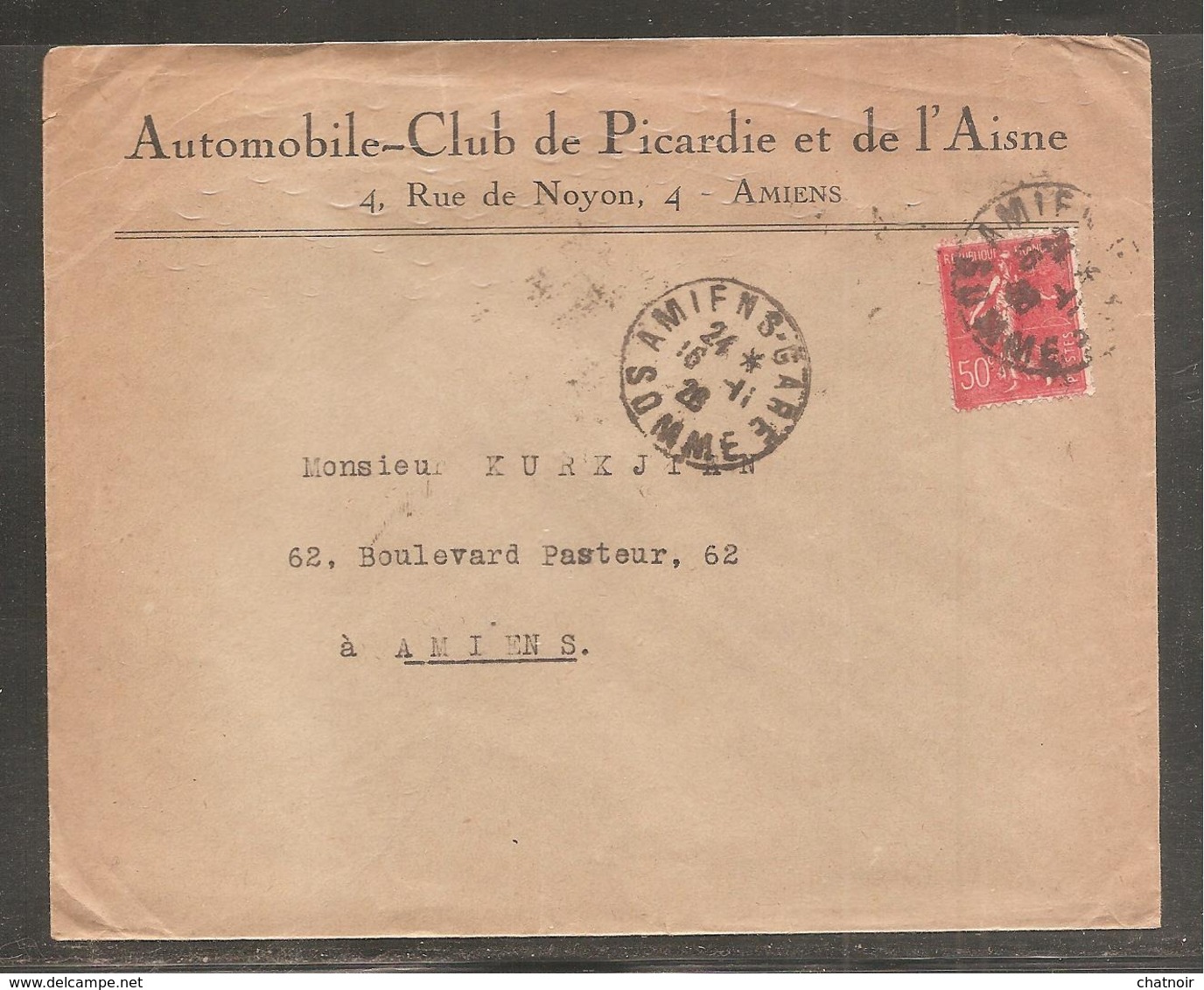 Enveloppe   Pub    Automobile Club De Picardie  Et De L Aisne  AMIENS   50C Semeuse  1926 - 1903-60 Semeuse Lignée