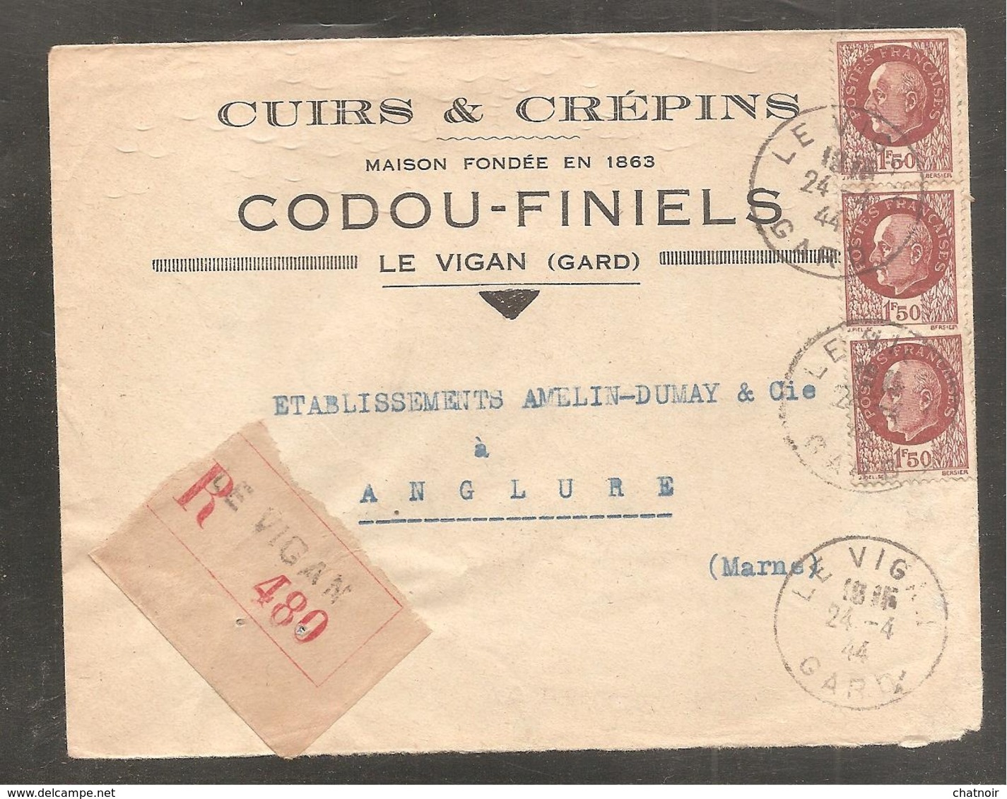 Enveloppe  Recom  Pub  Cuirs  Oblit   LE VIGAN   GARD  1944    1,50 F Petain  X 3 - 1941-42 Pétain