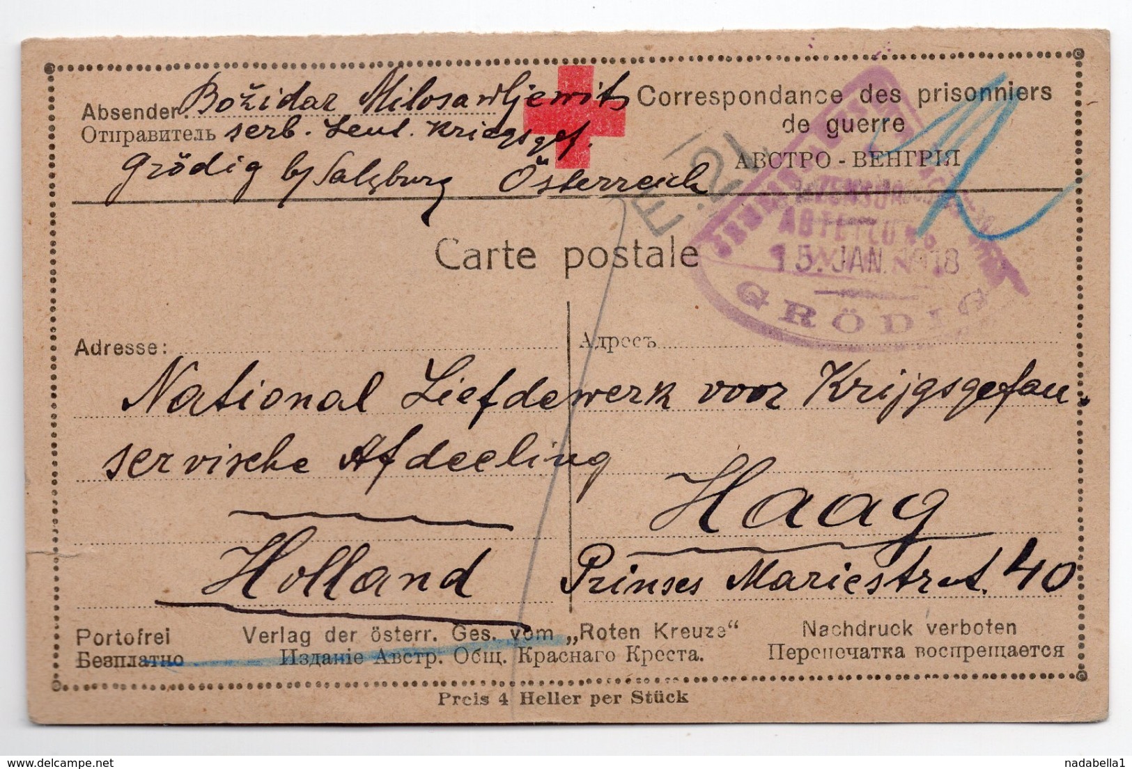 15.01.1918.  WWI, AUSTRIA, GRODIG BY SALZBURG, SERBIAN POW LETTER, CENSORED, CARD TO HAAG, HOLLAND, RED CROSS - Briefe U. Dokumente