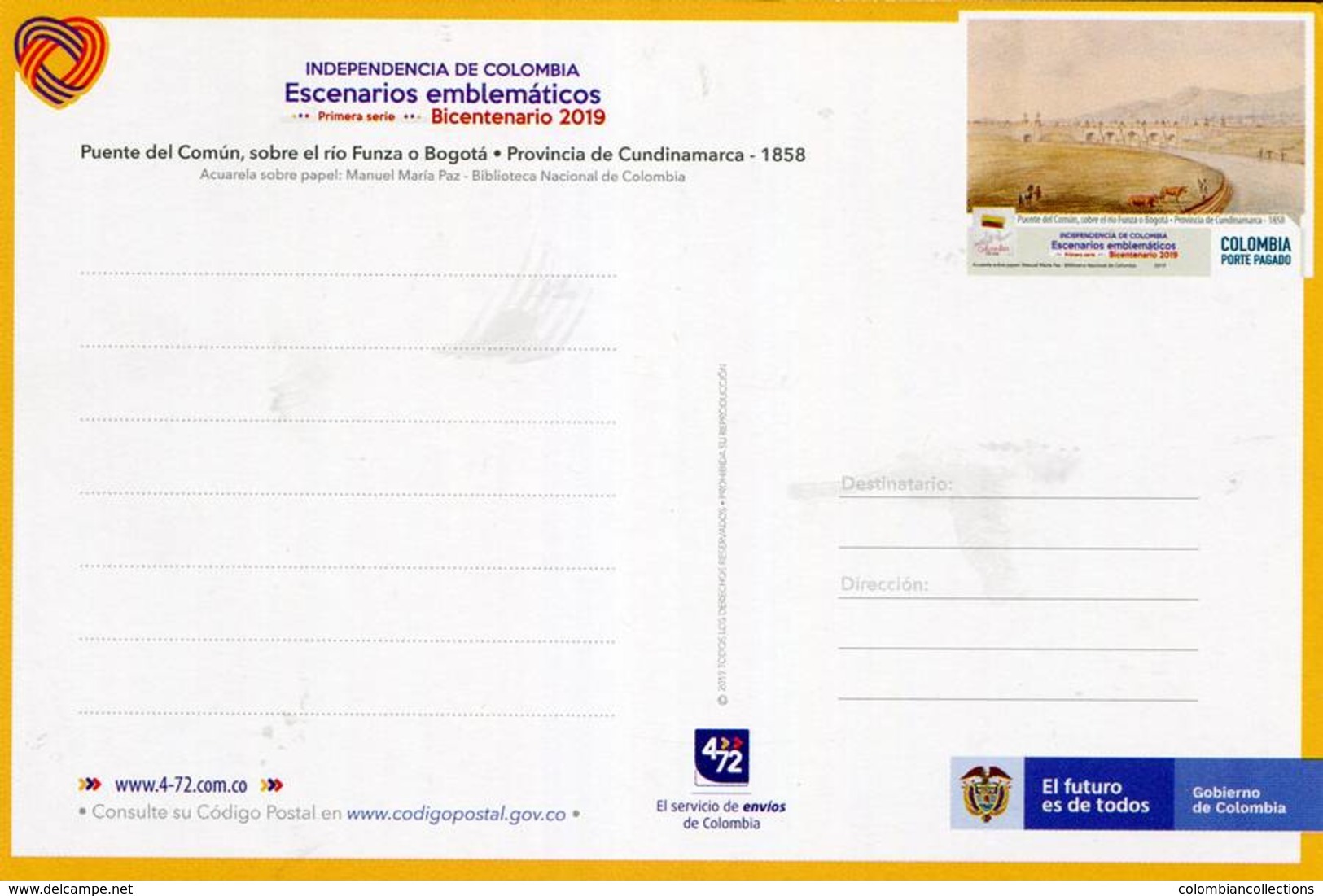 Lote PEP1344, Colombia, 2019, Entero Postal, Postcard, Historia, History, Cundinamarca, Cow Horse Bridge - Colombia