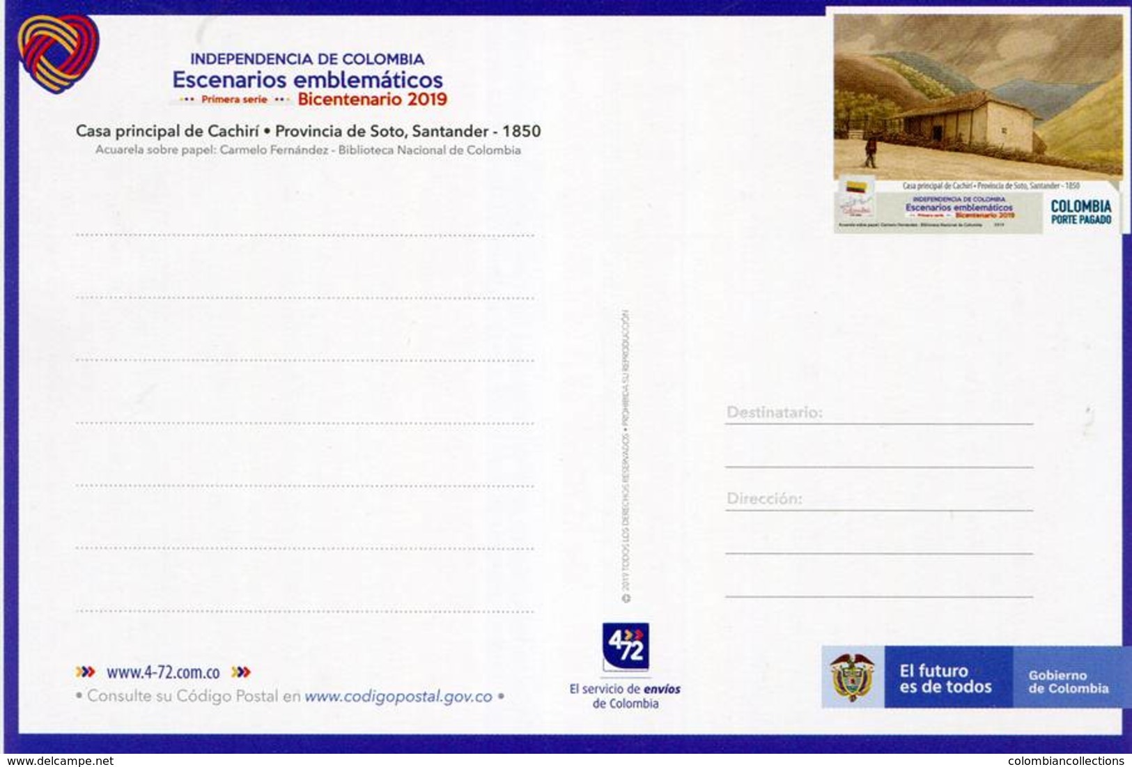 Lote PEP1351, Colombia, 2019, Entero Postal, Postcard, Historia, History, Santander, House - Colombia