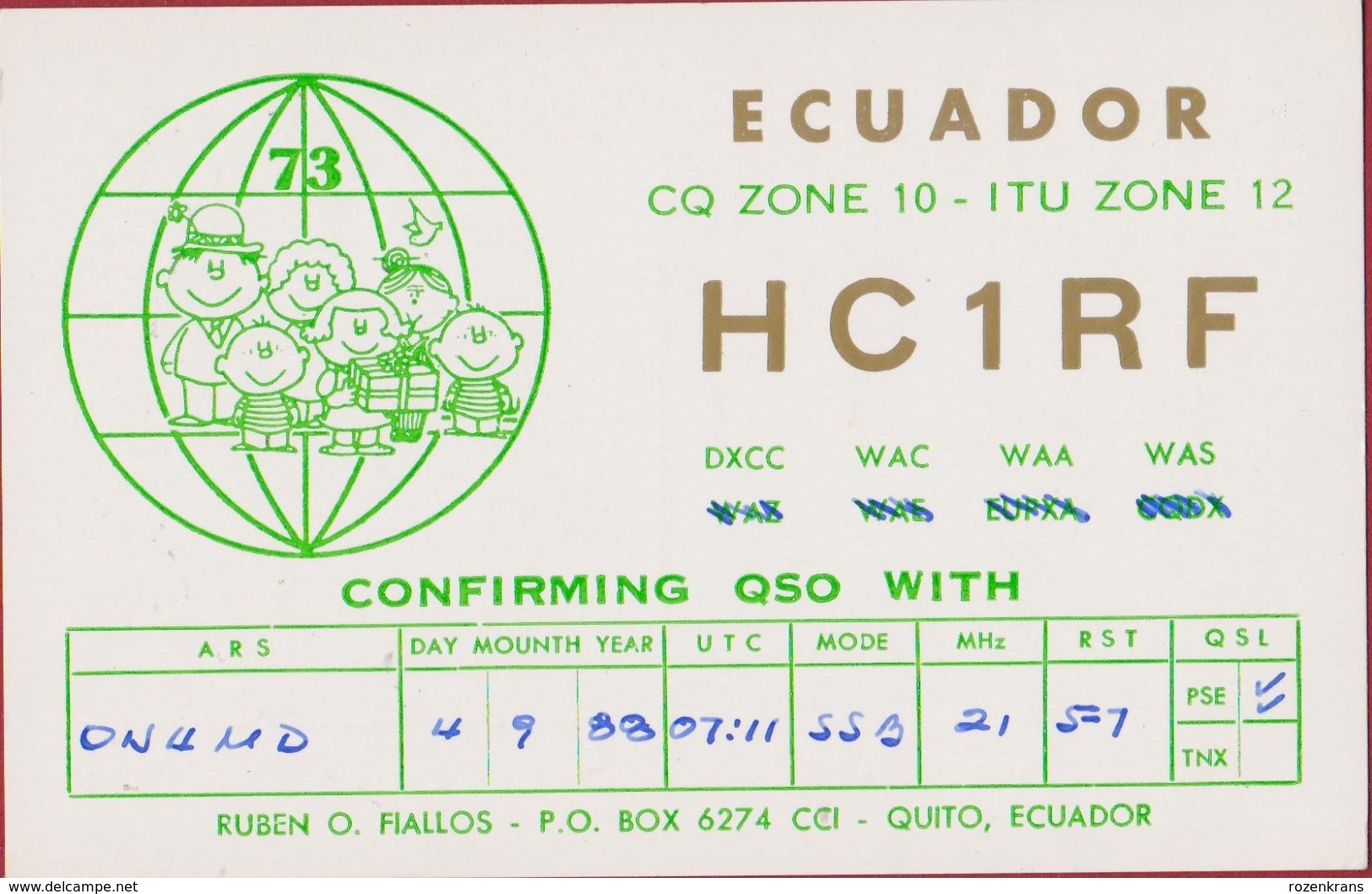 QSL Card Amateur Radio Funkkarte Ecuador Quito Ruben Fiallos 1988 - Radio Amateur