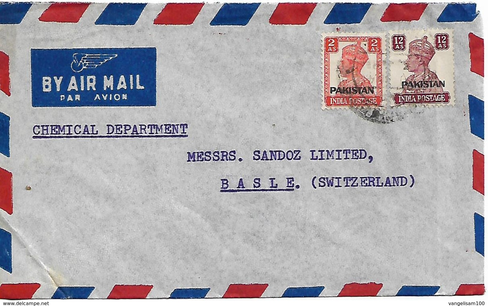 PAKISTAN 1949 COVER SENT TO BASLE 2 STAMPS OF INDIA OVERPRINTED PAKISTAN COVER USED - Pakistan