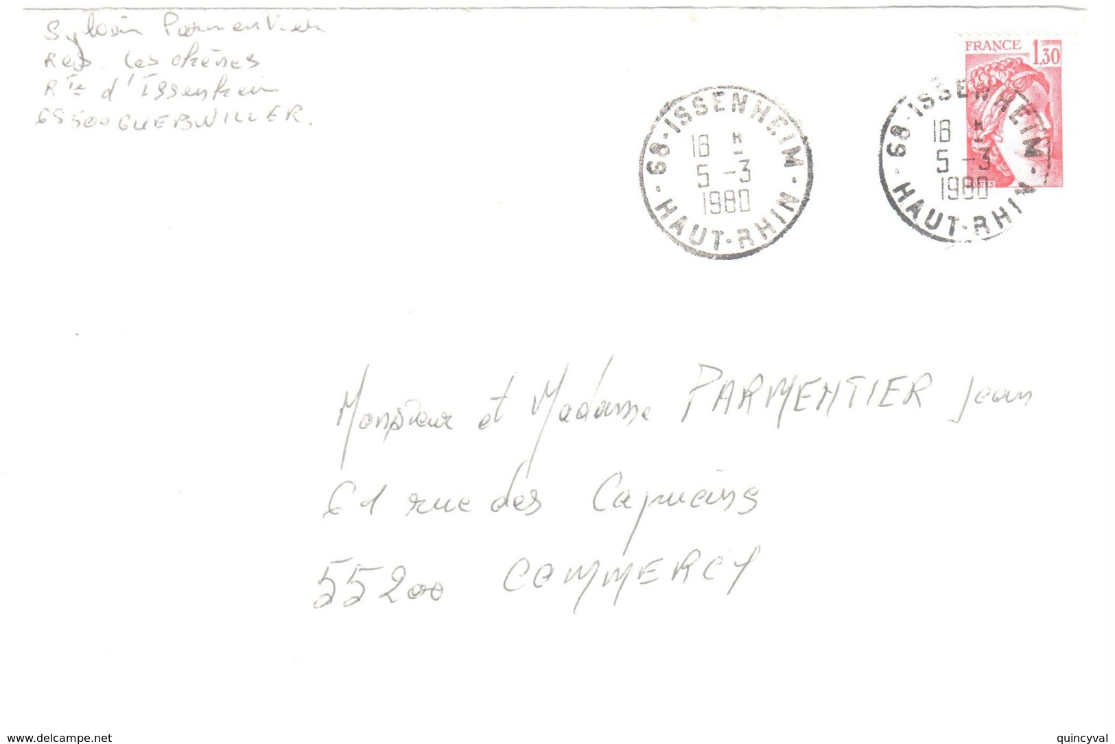 ISSENHEIM  68 Haut Rhin Ob Manuelle1980 Enveloppe Format Particulier (probablement Faire Part) 1,30f SabineYv 2059 - Storia Postale