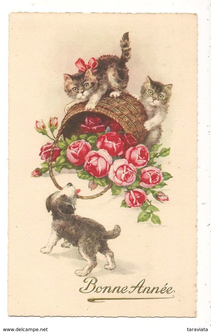 Bonne Année CHATS ET CHIEN ET PANIER  - Animal Fantaisie Fleurs - Katzen