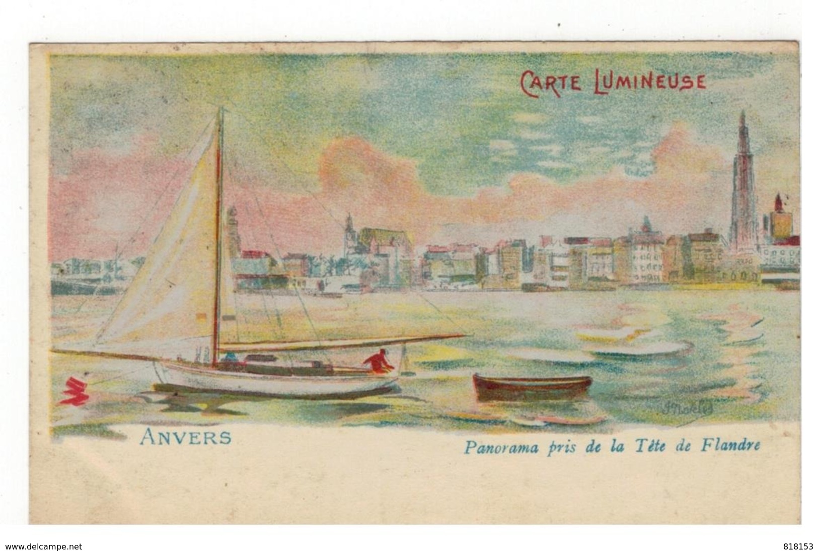 ANVERS  CARTE LUMINEUSE Panorama Pris De La Tête De Flandre  Litho - Antwerpen