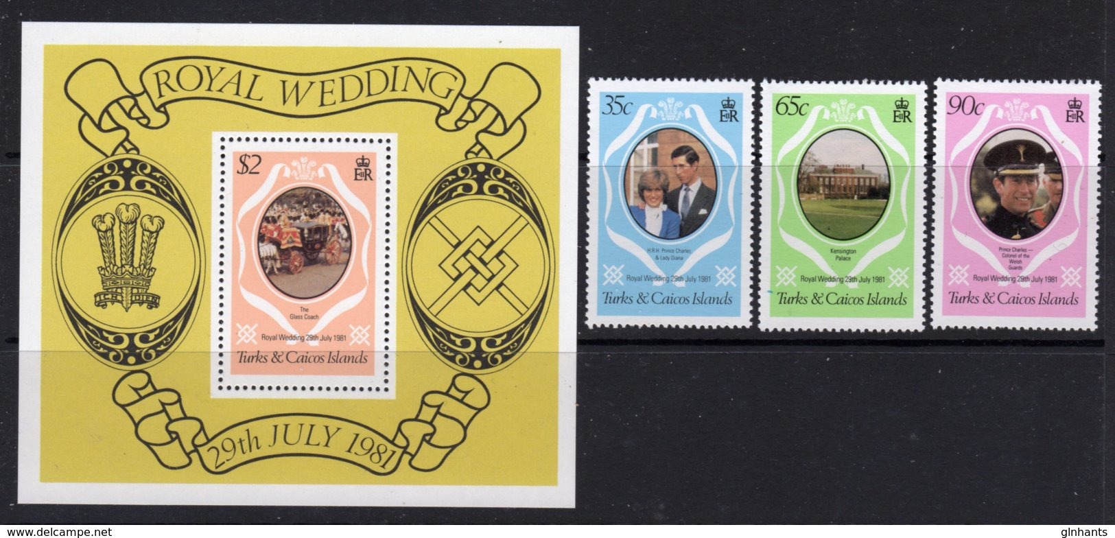 TURKS & CAICOS ISLANDS - 1981 ROYAL WEDDING SET (3V) & MS FINE MNH ** SG 653-655, MS656 - Turks And Caicos