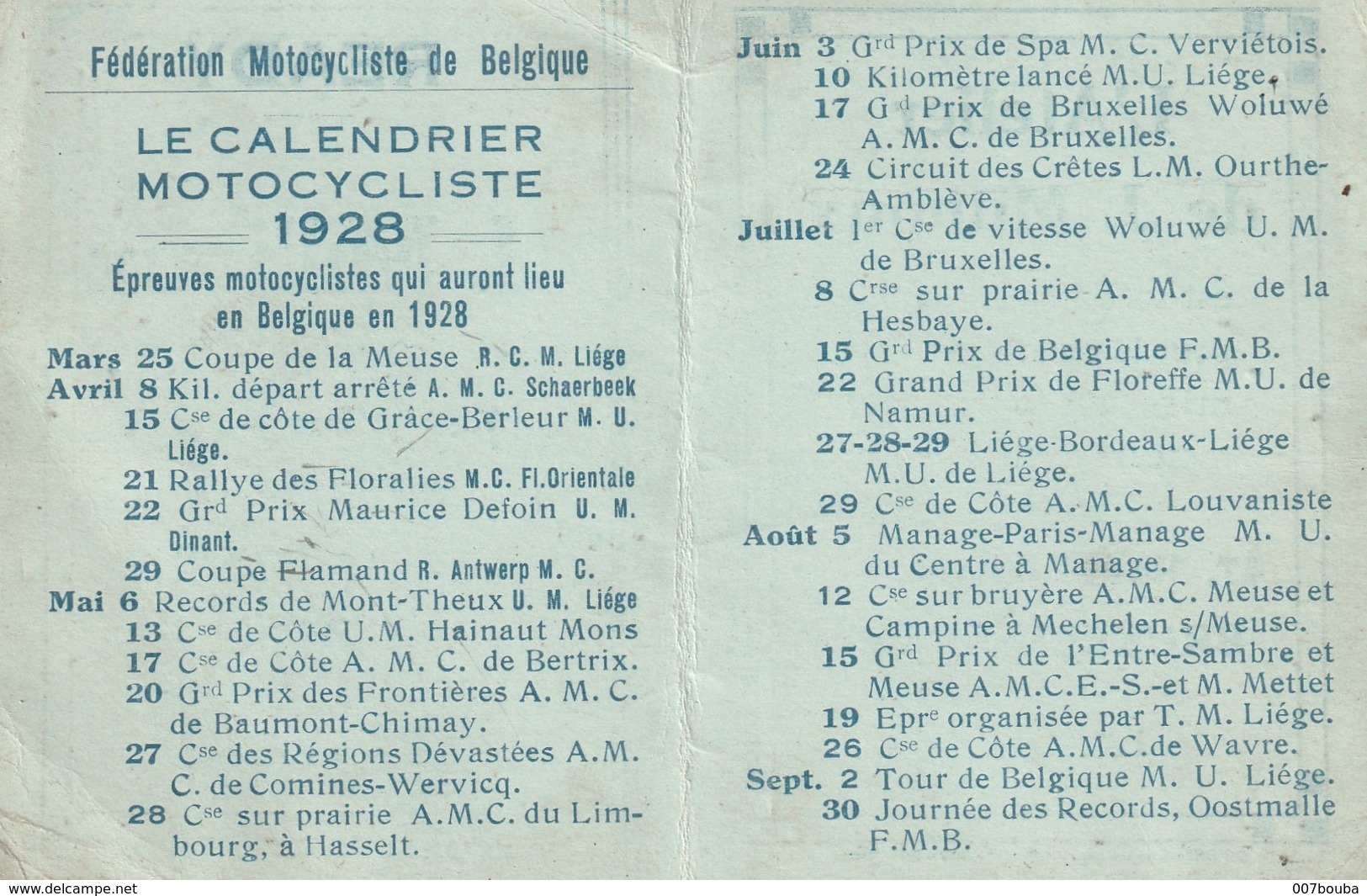 Bruxelles - Calendrier Motocycliste 1928 - J. Milhoux (Ateliers /  Autos, Motos ) - Petit Format : 1921-40