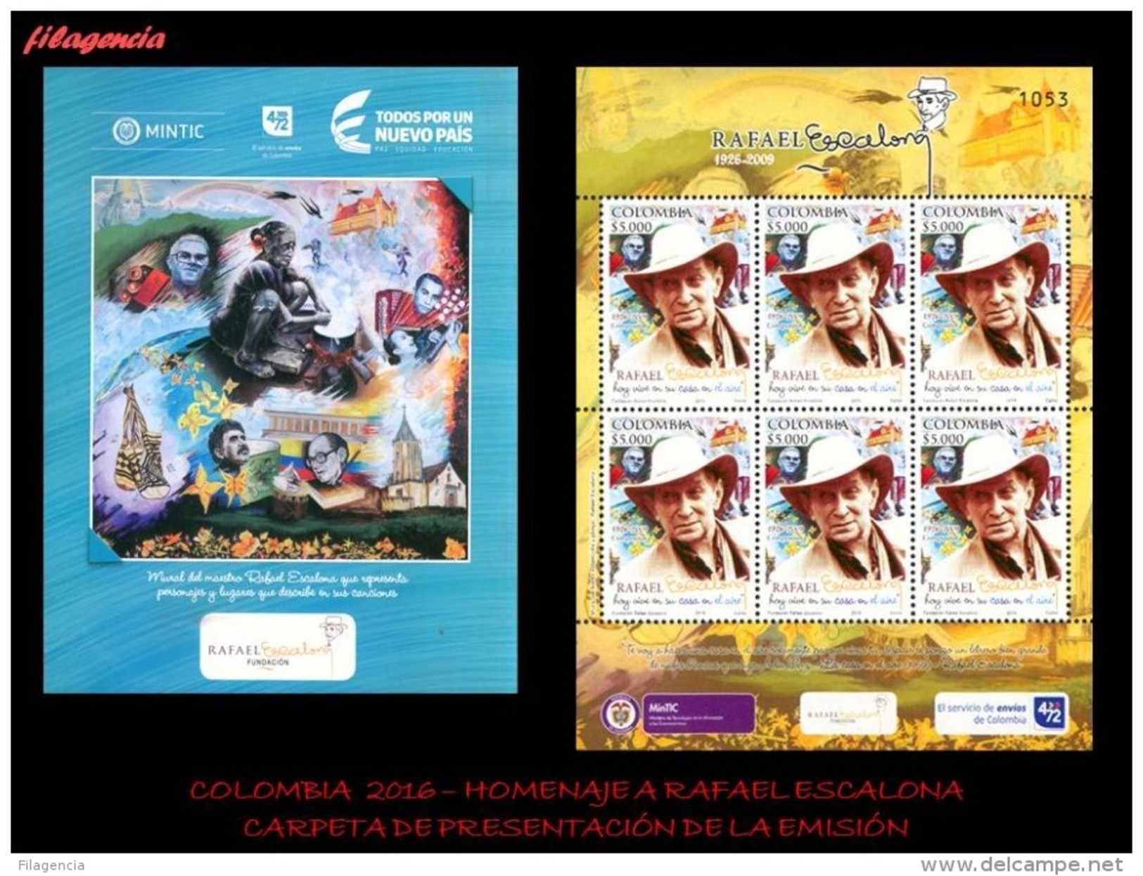 AMERICA. COLOMBIA. CARPETA DE PRESENTACIÓN. 2016 HOMENAJE A RAFAEL ESCALONA. MÚSICO POPULAR COLOMBIANO. MINIPLIEGO - Colombia