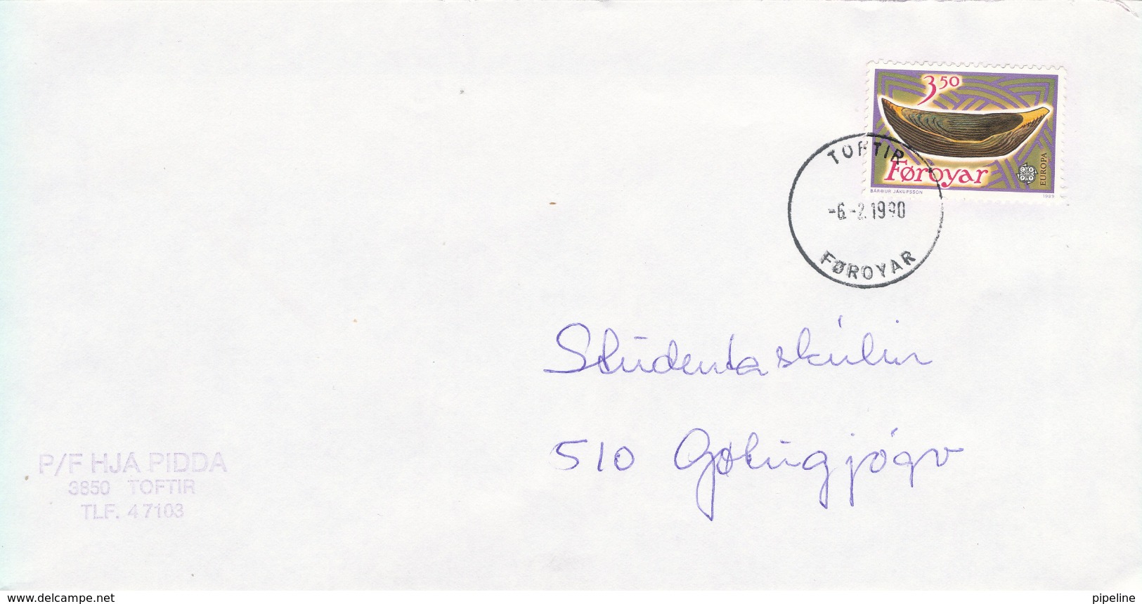 Faroe Islands Cover Toftir 6-2-1990  Single Franked EUROPA CEPT - Faroe Islands