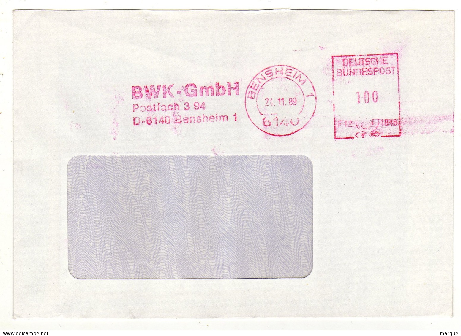 Enveloppe DEUTSCHE BUNDENPOST ALLEMAGNE Oblitération E.M.A. 6140 BENSHEIM 1 24/11/1989 - Maschinenstempel (EMA)