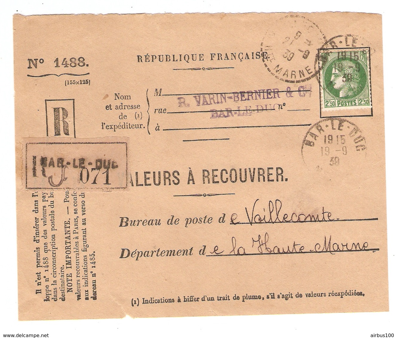 DEVANT De LETTRE Rec. VARIN BERNIER & Cie BAR Le DUC 1939 - VOILLECOMTE- VALEURS à RECOUVRER - CERES 375 - 1921-1960: Modern Period