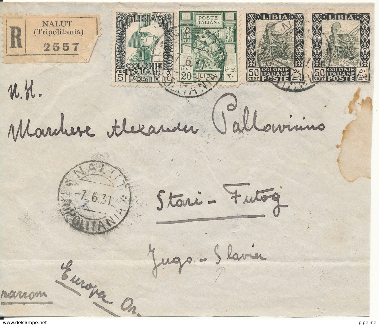 Libya Colonie Italy Registered Cover Nalut Tripolitania 7-6-1931 Sent To Yugoslavia - Libya