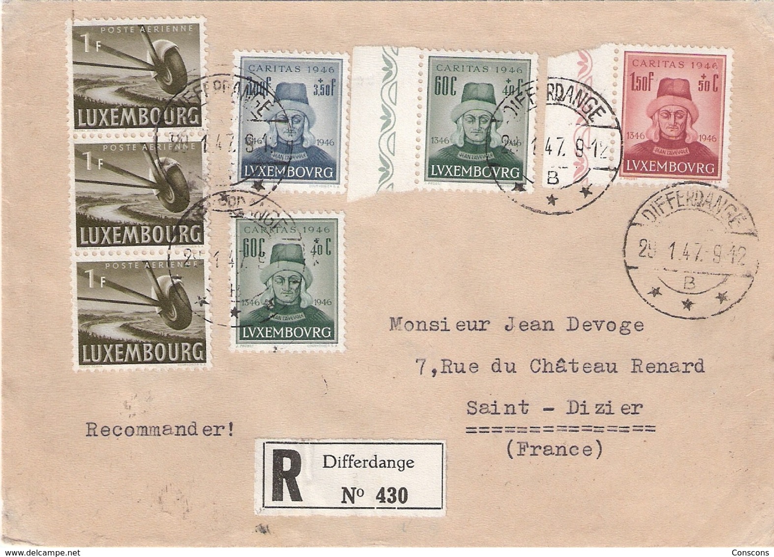 Lettre Differdange 29.01.1947  Caritas 1946 - Covers & Documents