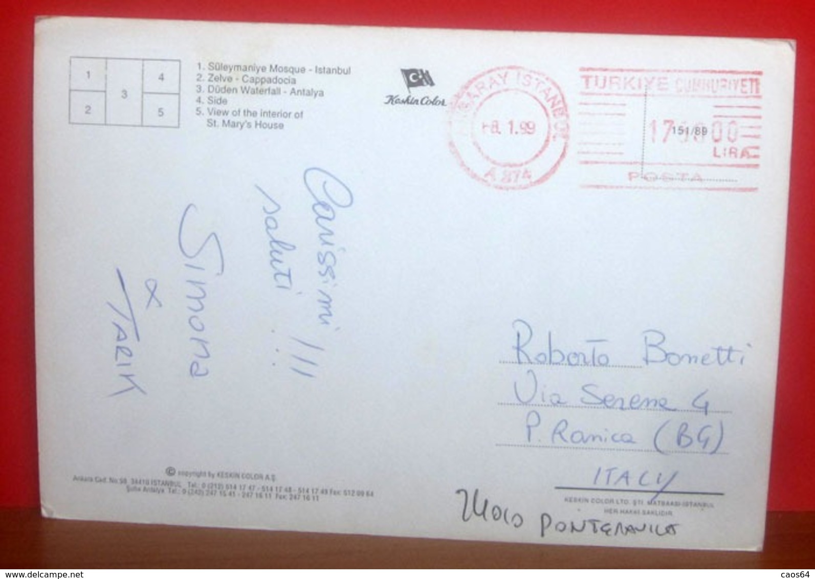 1999 TURCHIA Ema RED STAMPS Su Cartolina - Lettres & Documents