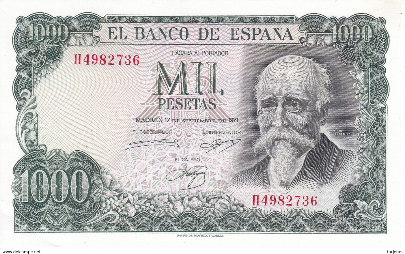 BILLETE DE 1000 PTAS DEL AÑO 1971 ECHEGARAY SERIE H SIN CIRCULAR Esquina Doblada - 1000 Pesetas