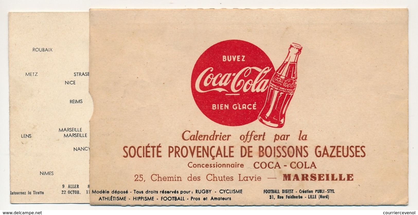 FRANCE - PUBLICITE COCA-COLA / MARSEILLE - Division Nationale (Football) 1953-1954 - Système à Tirette - Autres & Non Classés