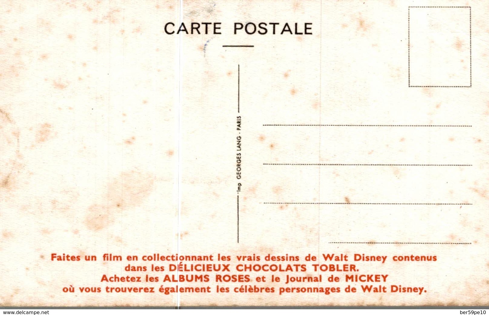 CARTE POSTALE PUBLICITAIRE CHOCOLATS TOBLER WALT-DISNEY  BLANCHE-NEIGE - Autres & Non Classés