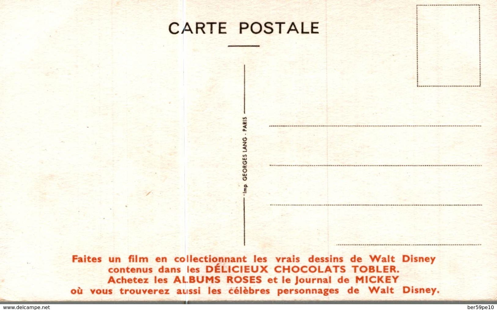 CARTE POSTALE PUBLICITAIRE CHOCOLATS TOBLER WALT-DISNEY  FRERE RENARD - Autres & Non Classés