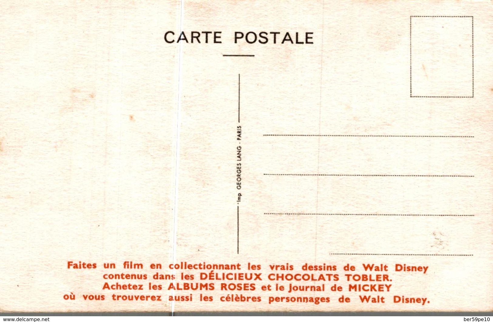 CARTE POSTALE PUBLICITAIRE CHOCOLATS TOBLER WALT-DISNEY  CLOCHETTE - Autres & Non Classés