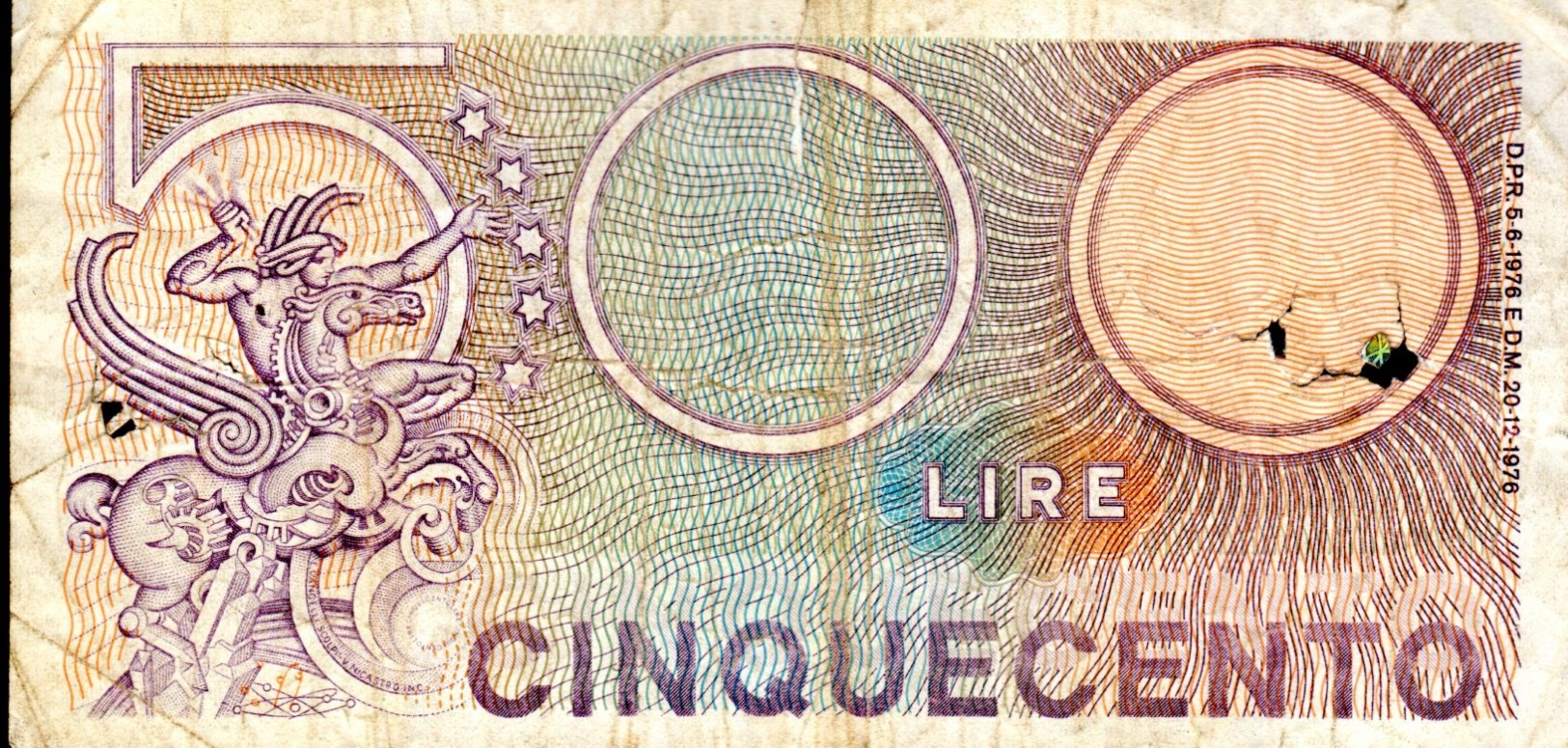 ITALIA  ITALY  500 Lire 1976  -  MERCURIO - 500 Lire
