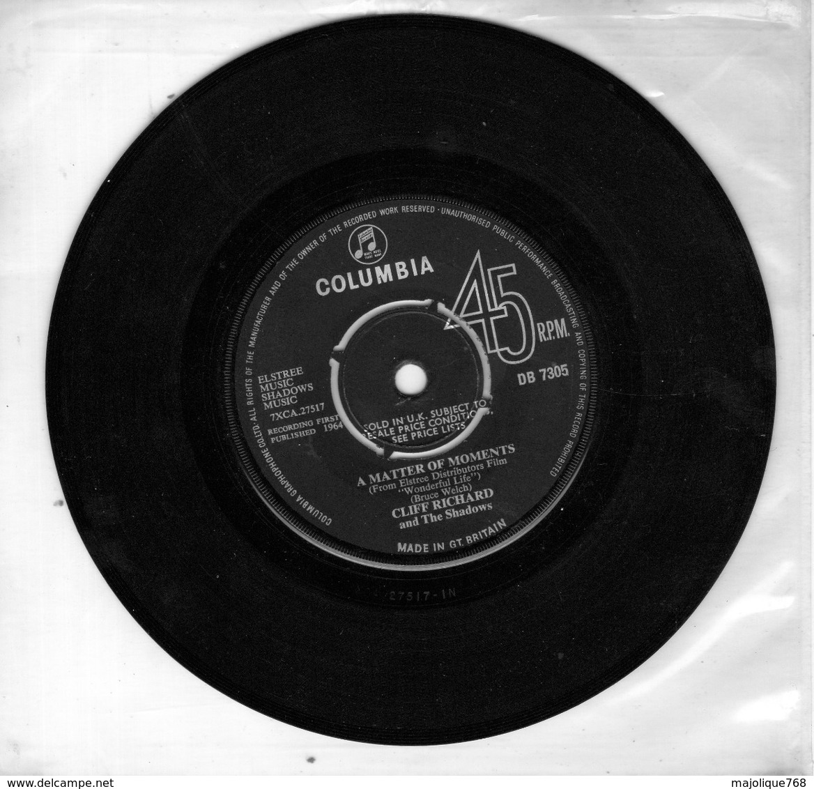 Cliff Richard And The Shadows - On The Beach - A Matter Of Moments - Columbia DB 7305 - 1964 - - Rock