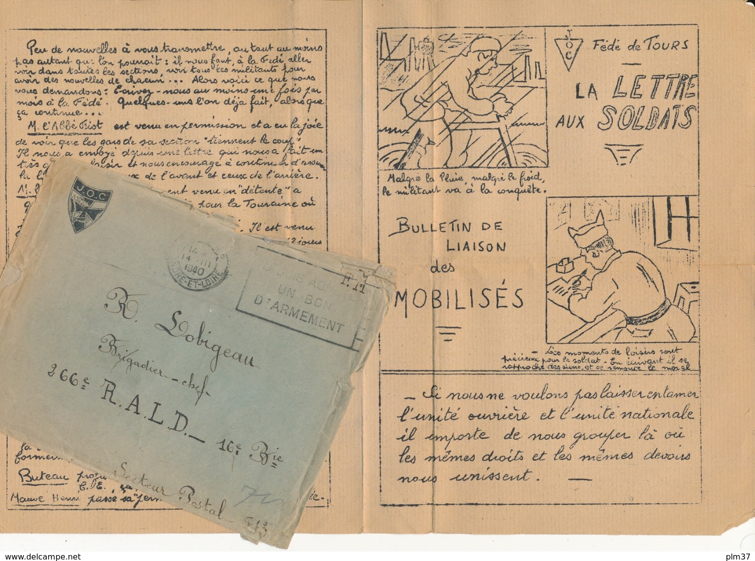 TOURS, 37 - Bulletin De La J.O.C., Fédération De Tours "La Lettre Aux Soldats" , 1940 - WW2 - Documents Historiques