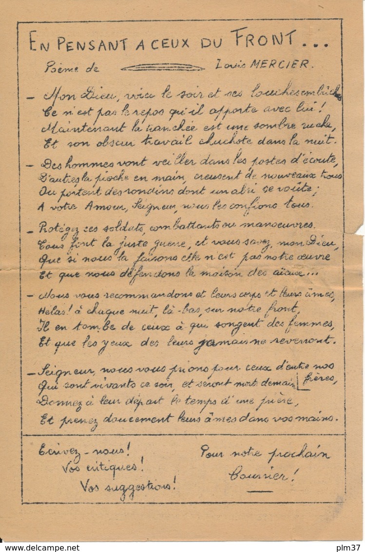 TOURS, 37 - Bulletin De La J.O.C., Fédération De Tours "La Lettre Aux Soldats" , 1940 - WW2 - Documents Historiques