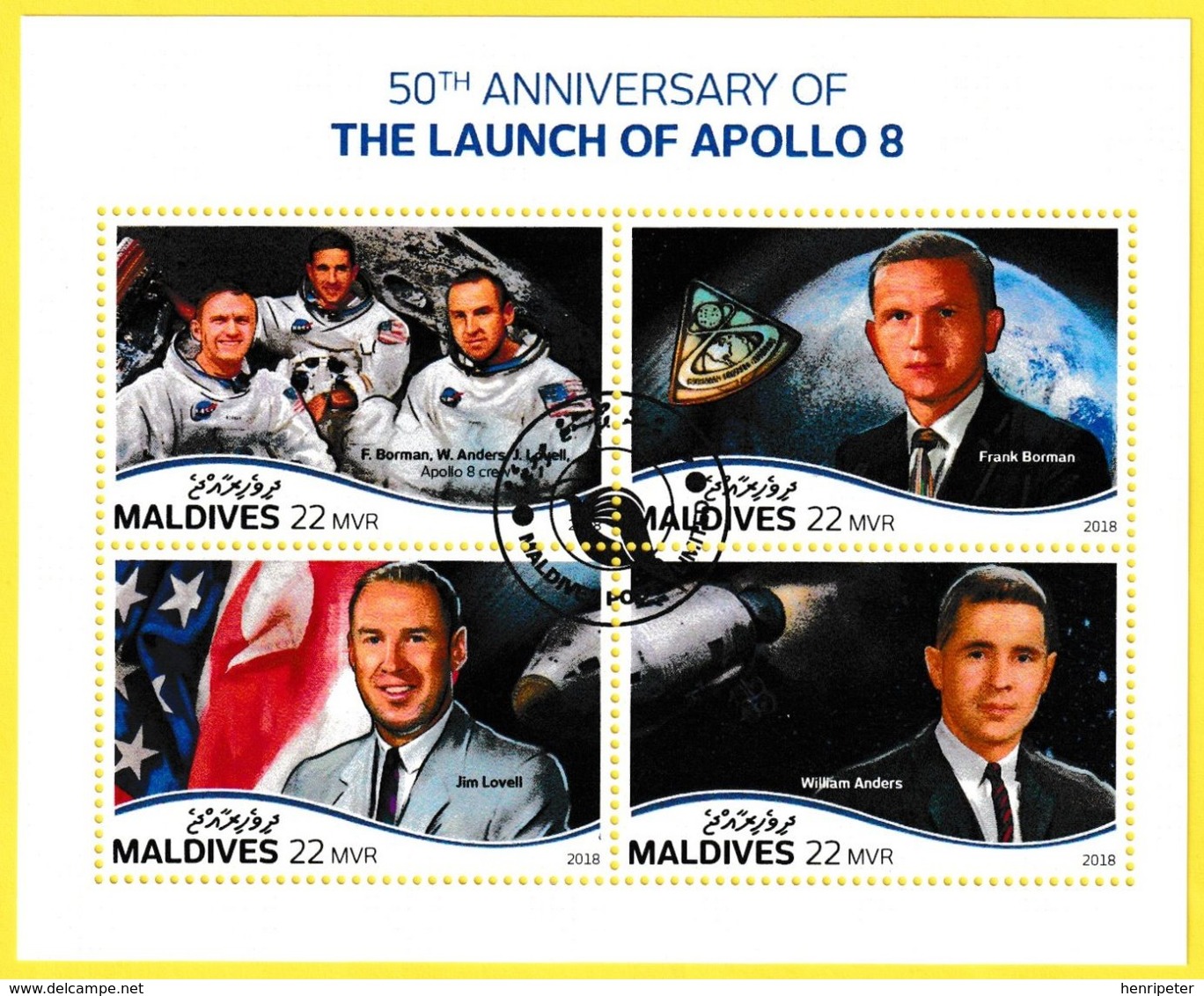 Bloc Feuillet Oblitéré De 4 T.-P. - 50e Anniversaire Du Lancement D'Apollo 8 - N° 7753-7756KB (Michel) - Maldives 2018 - Maldivas (1965-...)