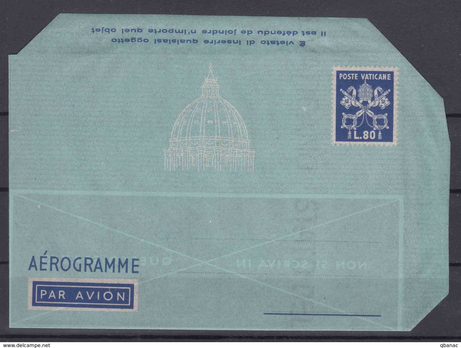 Vatican Aerogramme, Aerogramma 80 Lire Scott#LF6 Watermark Variety, Value 200 Eur - Postwaardestukken