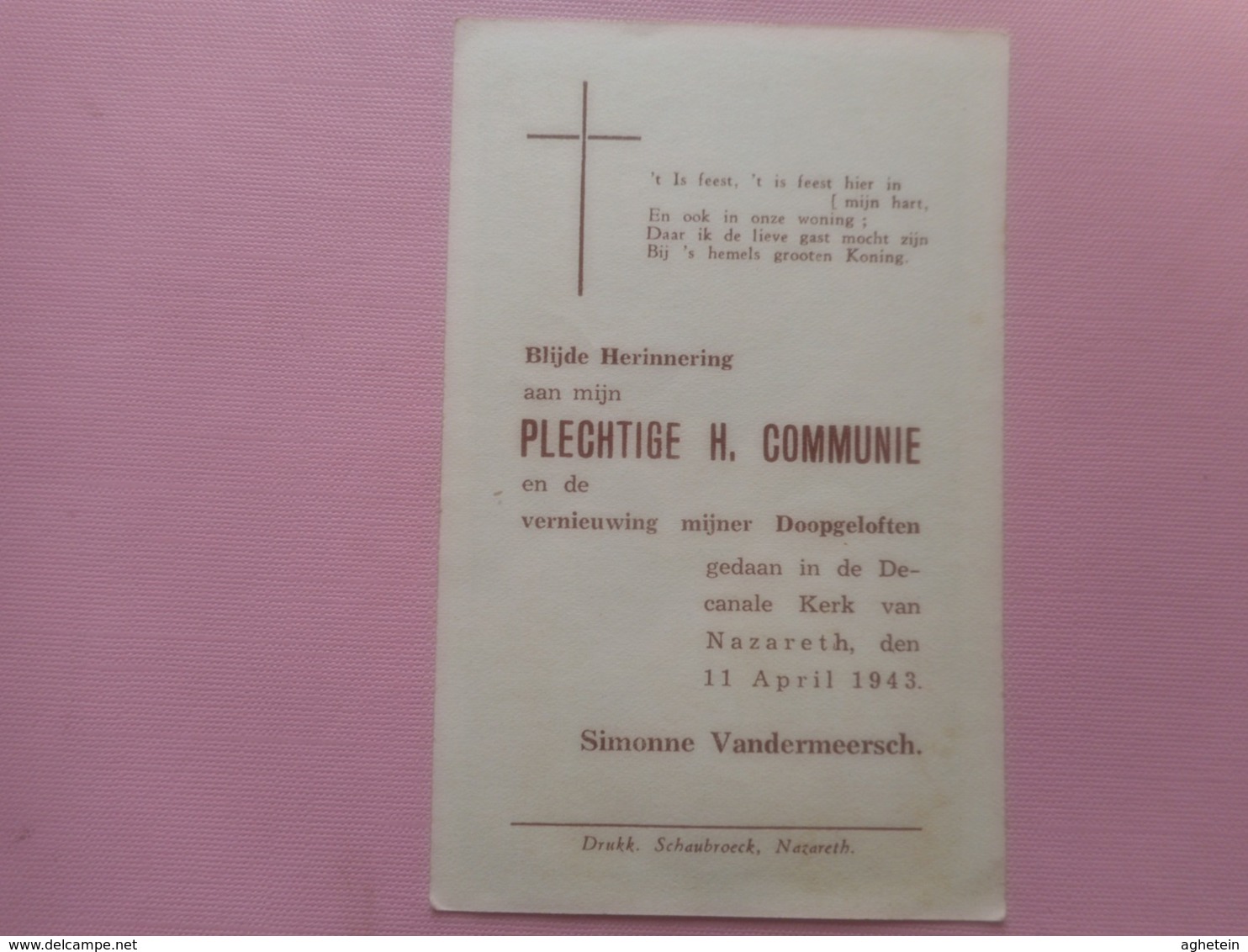 DEVOTIE-PLECHTIGE H.COMMUNIE  -NAZARETH 11-4-1943--SIMONNE VANDERMEERSCH - Religion & Esotérisme